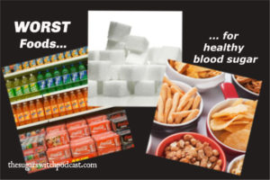 collage of 3 types of foods that damage blood sugar balance