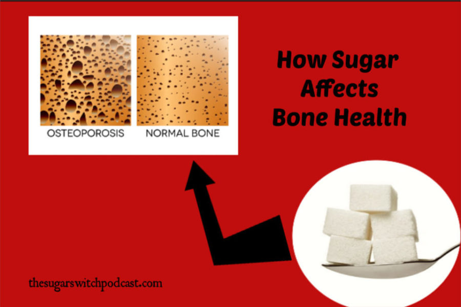 visual of sugar, normal bone and osteoporosis bone
